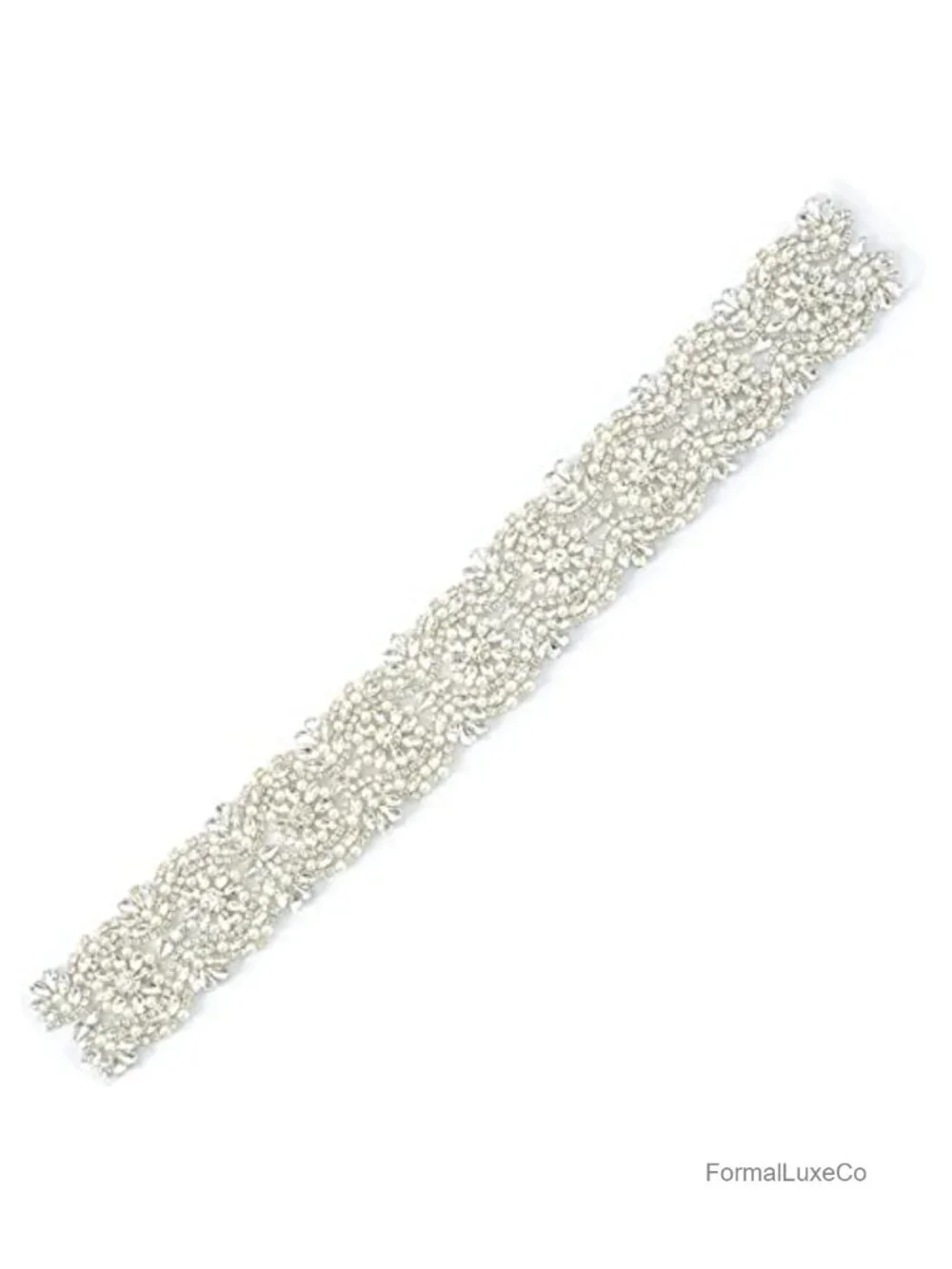 Beaded Rhinestone Wedding Dress Belt Sash with Pearl Trim